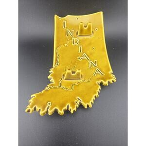 Vintage Indiana State Shaped Ceramic Ashtray Cities on Bottom Green Made in USA